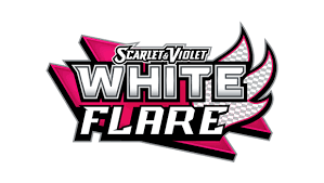 Logo for Pokémon Scarlet & Violet: White Flare with bold silver text, pink accents, and stylized white flames.